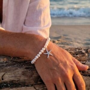 real pearl bracelet with Swarovski elements starfish charm stretch